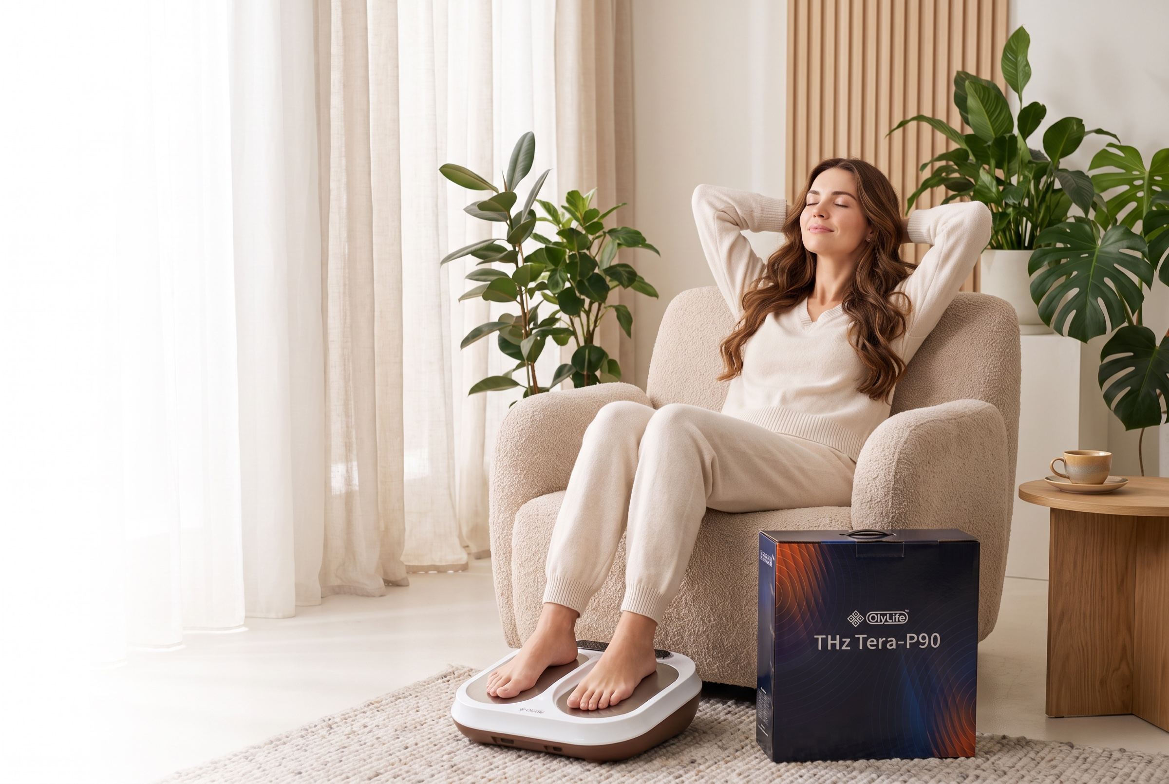Женщина отдыхает в кресле дома, её стопы стоят на платформе OlyLife Tera-P90